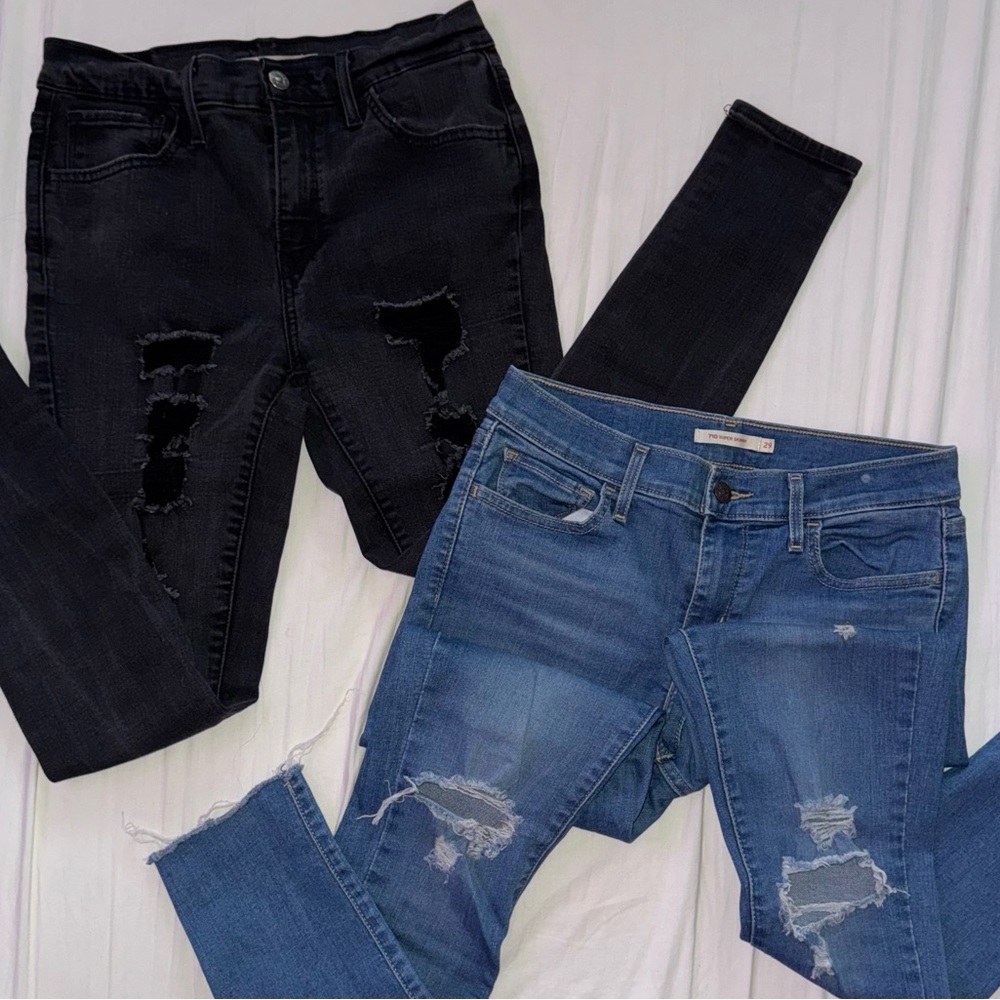 Women's Black and Blue Ripped Jeans